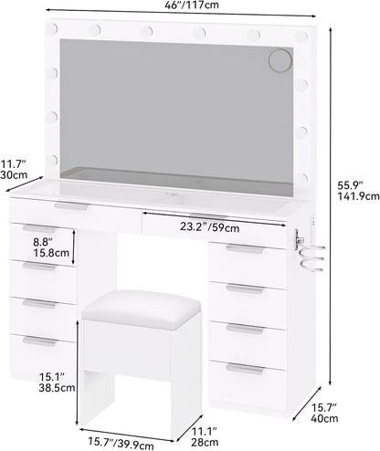 LED Vanity Desk with 10 Drawers