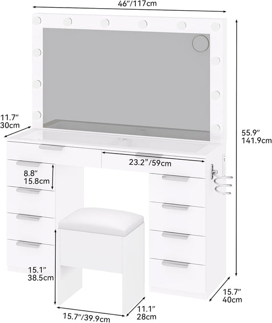 LED Vanity Desk with 10 Drawers